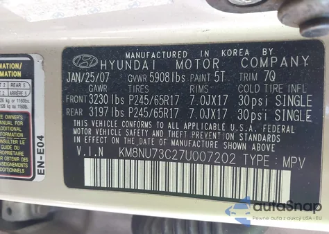 2007 Hyundai Veracruz Gls/Limited/Se z USA, uszkodzony, nr VIN KM8NU73C27U007202